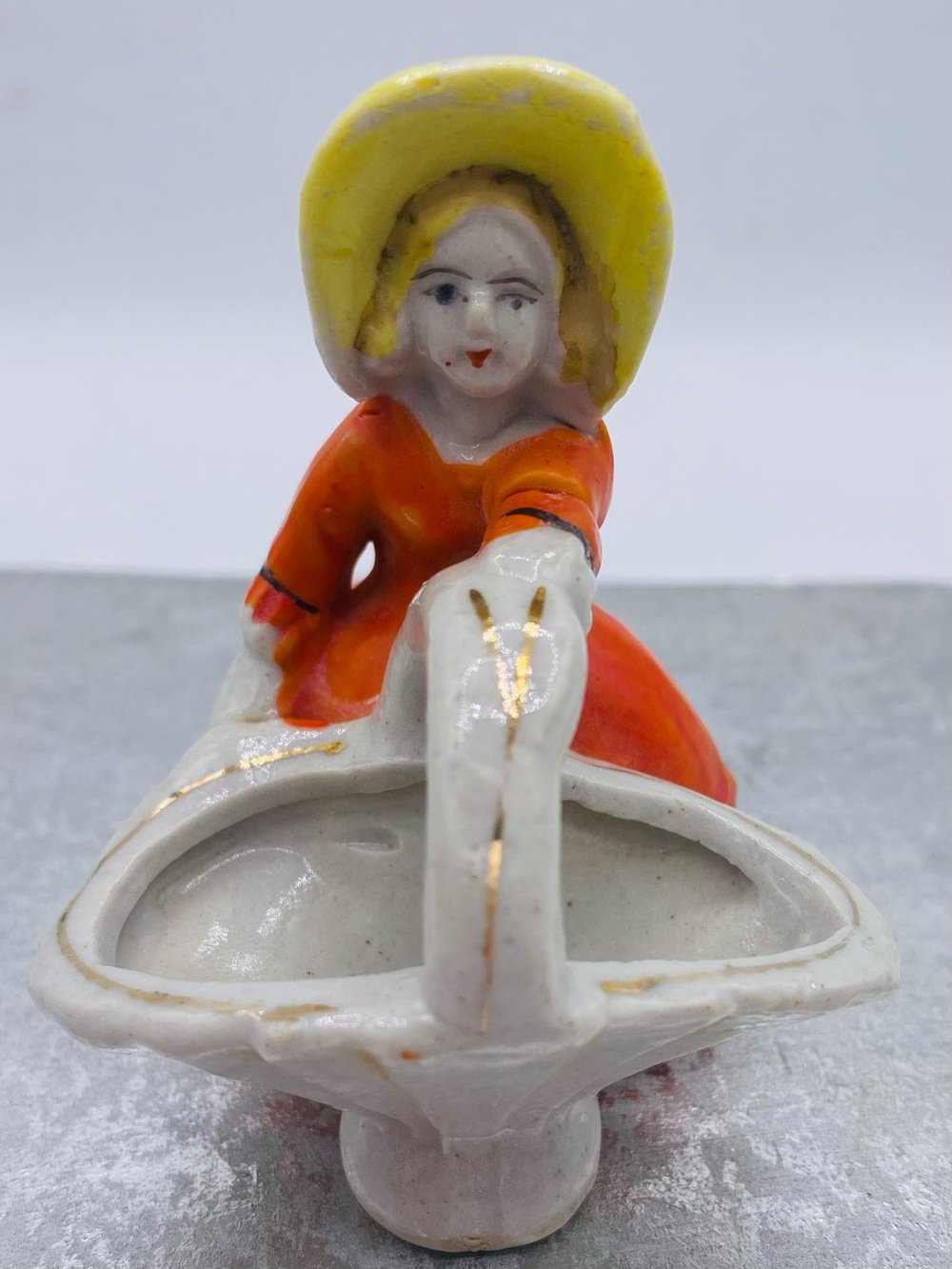 Vintage Porcelain Pioneer Woman, Southern Bell Toothpick, Matches Holder Japan